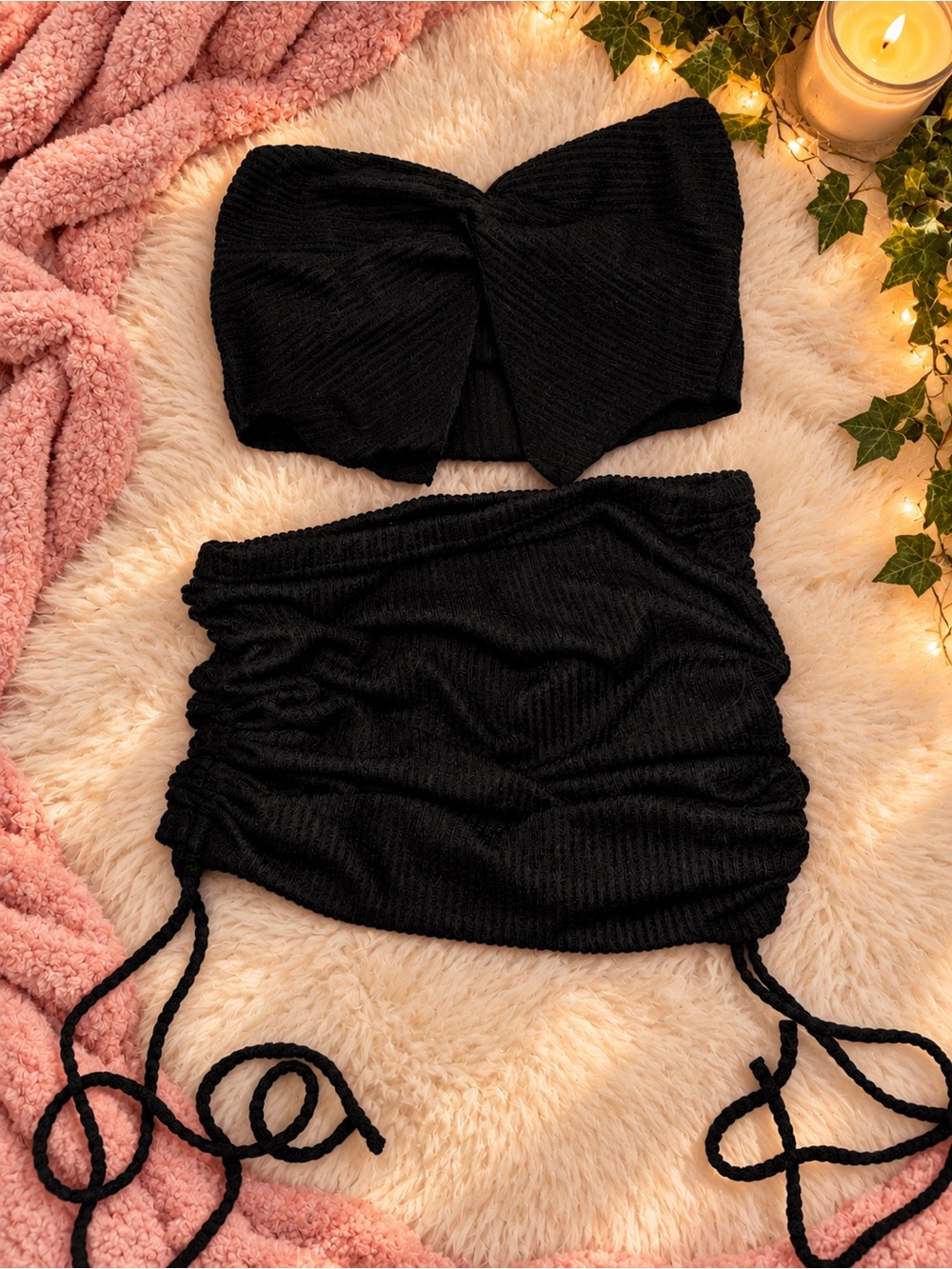 Black Two-Piece Strapless Ruched Crop Top & Skirt Set
